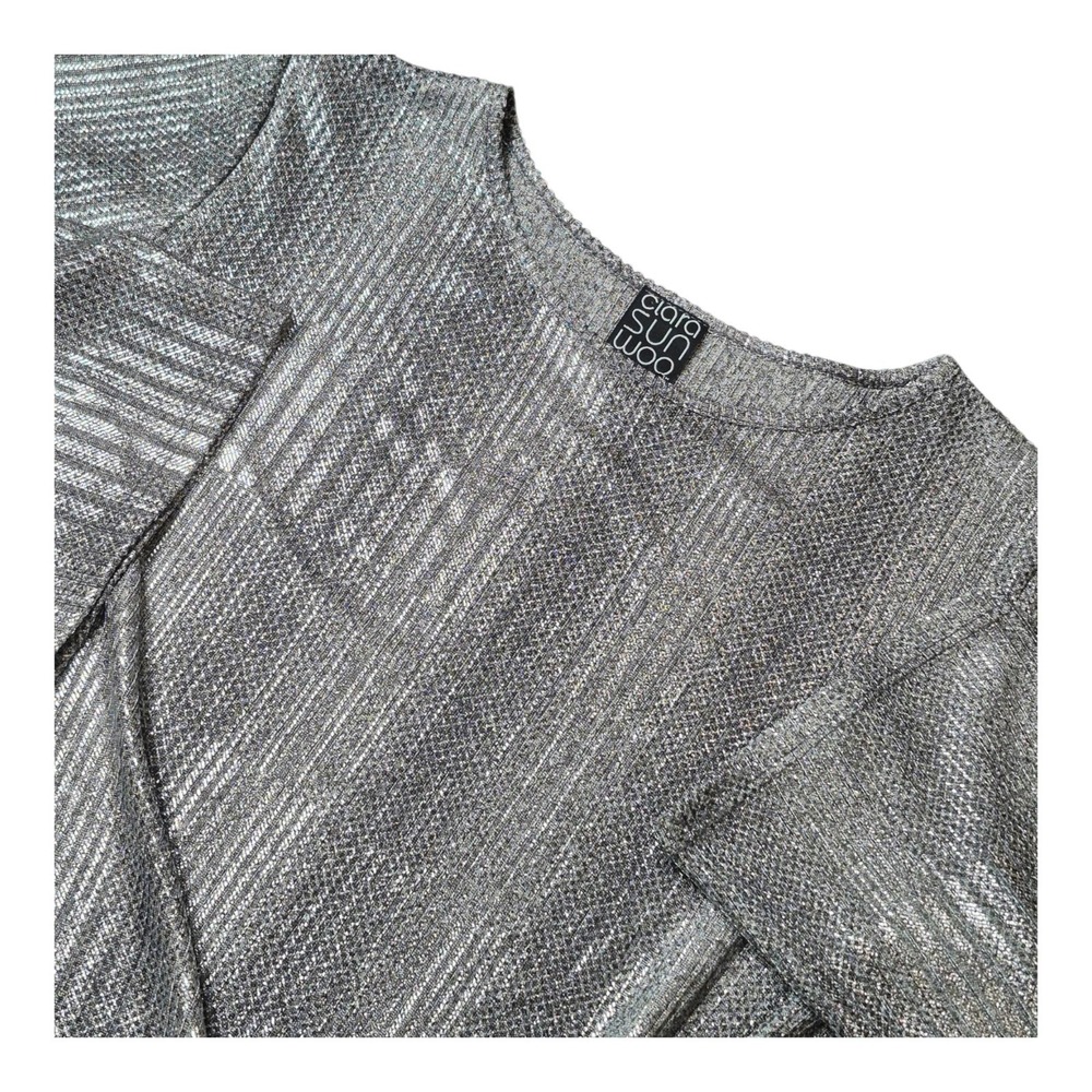 Clara Sun Woo Women's S Silver Metallic Twist Front Top 3/4 Sleeve Made in USA